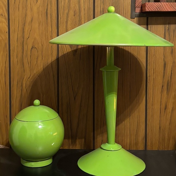 Rare Atomic MCM Chartreuse UFO Lamp & Matching Orb Canister Set